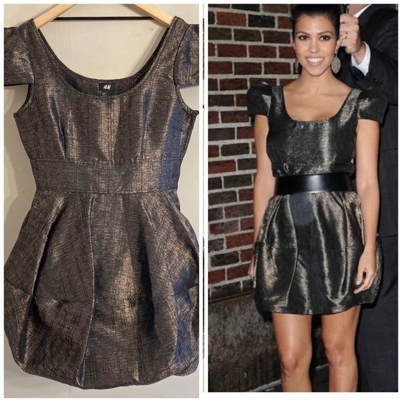 H&M Y2k metallic bronze puff cap sleeve bubble cocktail party formal dress - Picture 1 of 12